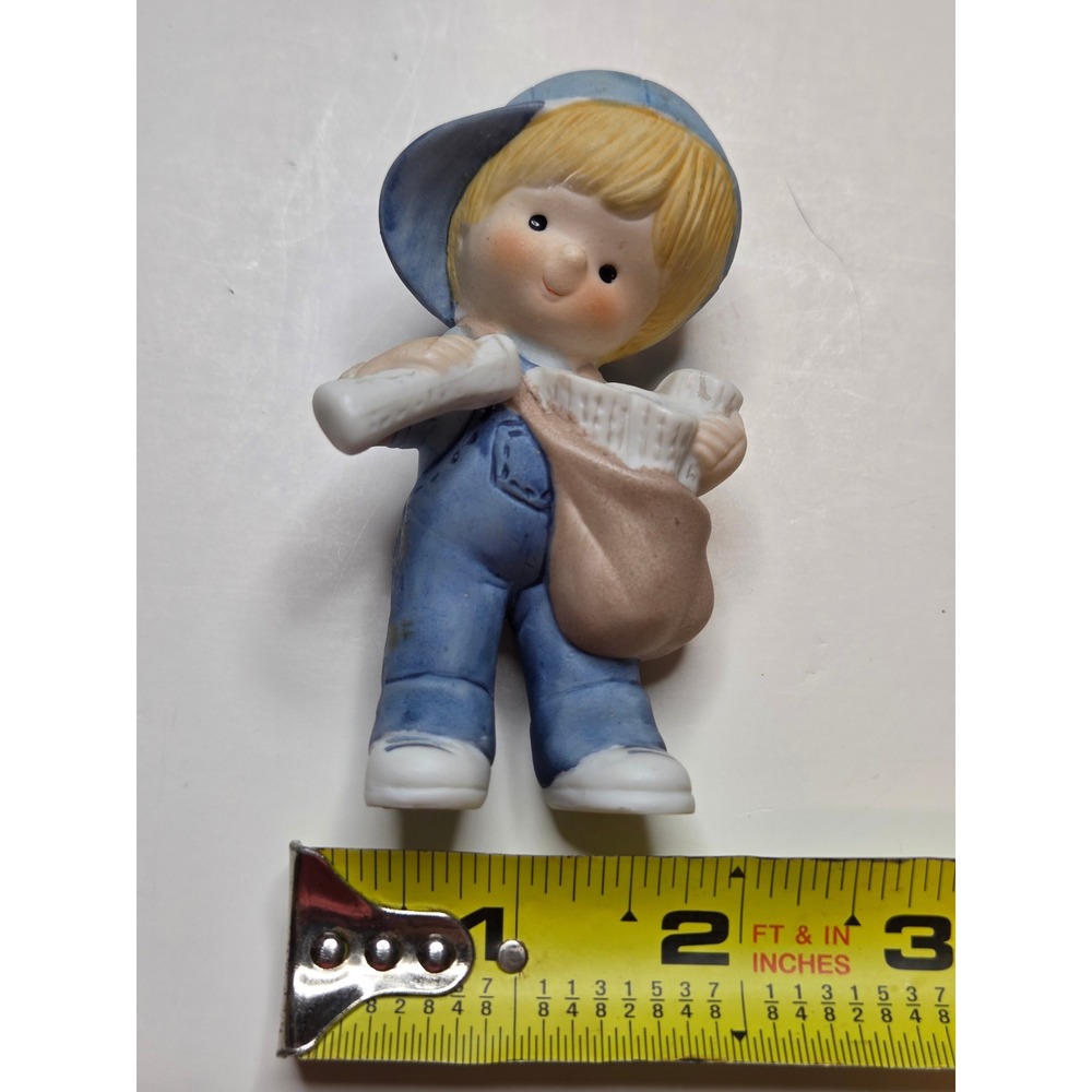 Enesco Vintage 1983 Paperboy Figurine Blue Overalls Ceramic Newsboy Collectible